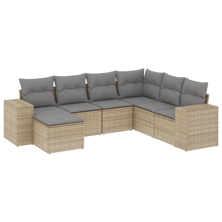 7-delige Loungeset met kussens poly rattan beige