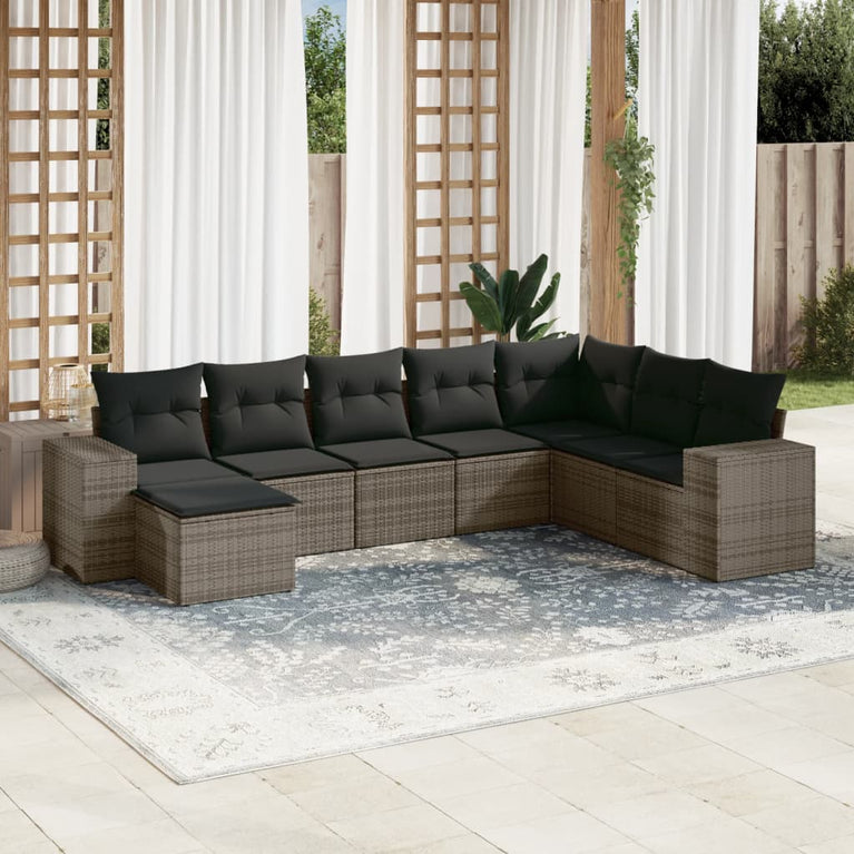 8-delige Loungeset met kussens poly rattan grijs