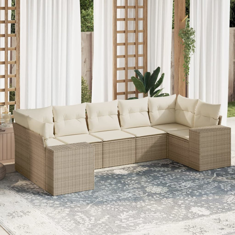 7-delige Loungeset met kussens poly rattan beige