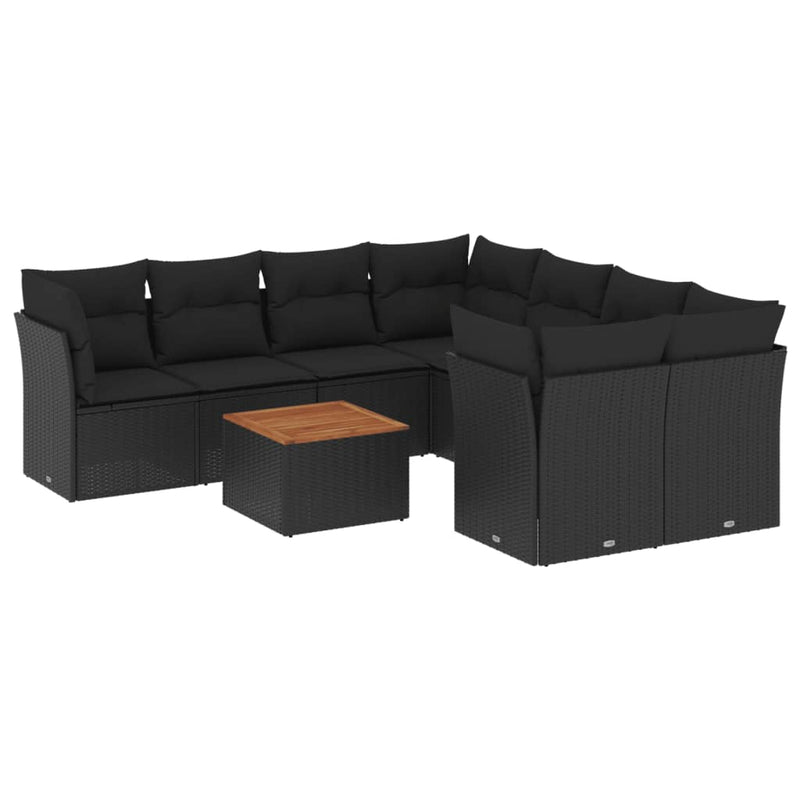 9-delige Loungeset met kussens poly rattan zwart