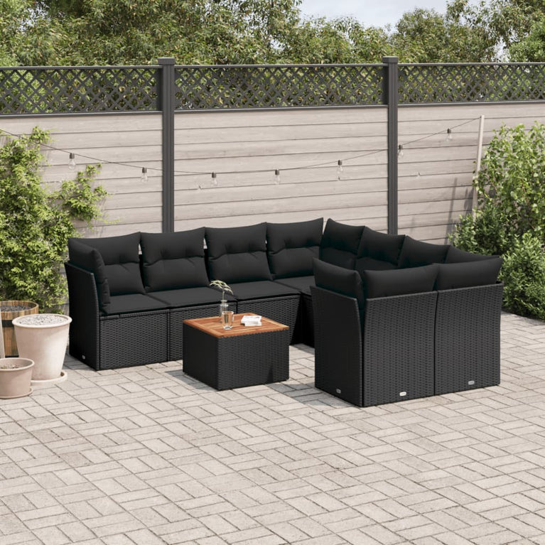 9-delige Loungeset met kussens poly rattan zwart