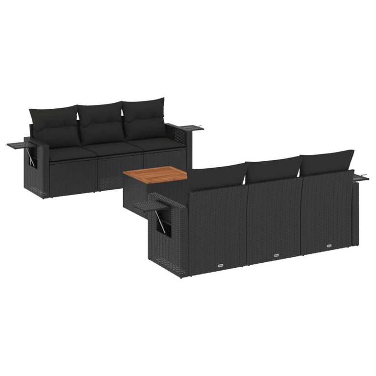 7-delige Loungeset met kussens poly rattan zwart