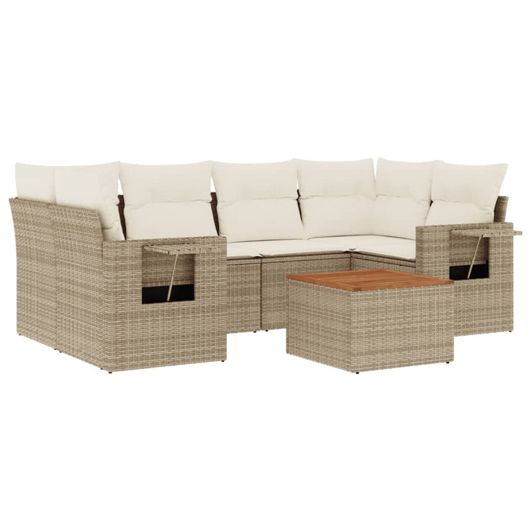 7-delige Loungeset met kussens poly rattan beige