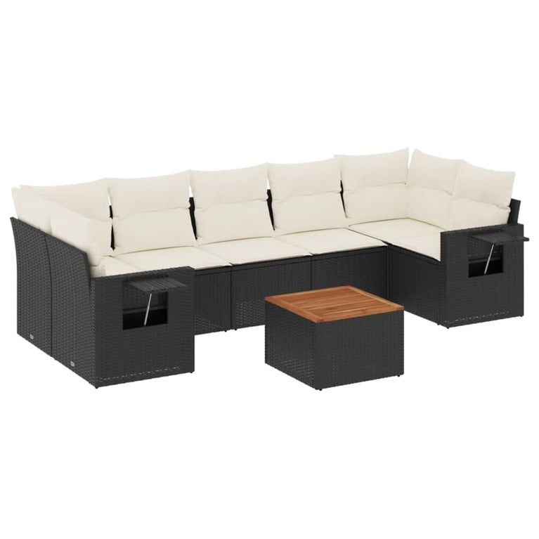 8-delige Loungeset met kussens poly rattan zwart