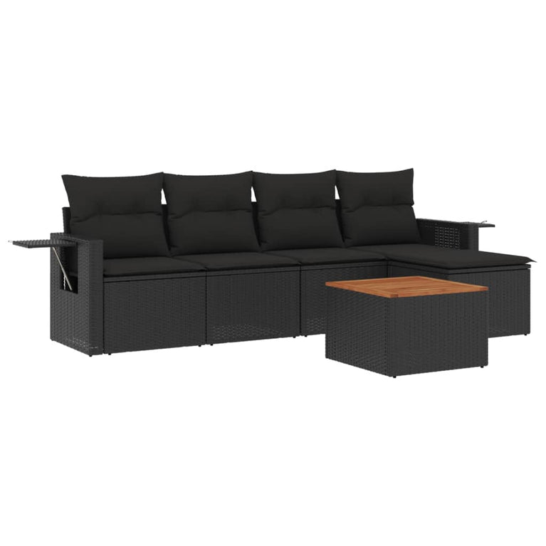 6-delige Loungeset met kussens poly rattan zwart