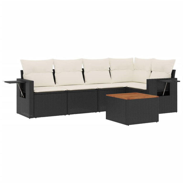 6-delige Loungeset met kussens poly rattan zwart