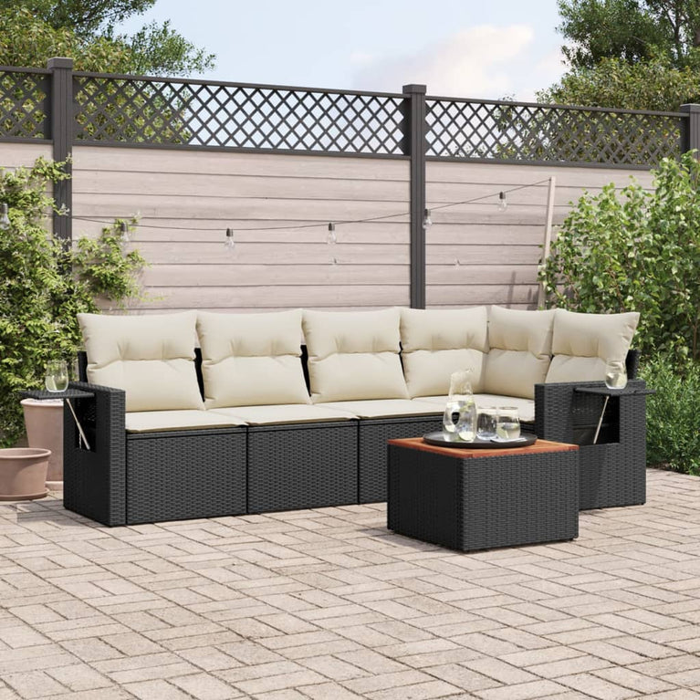 6-delige Loungeset met kussens poly rattan zwart