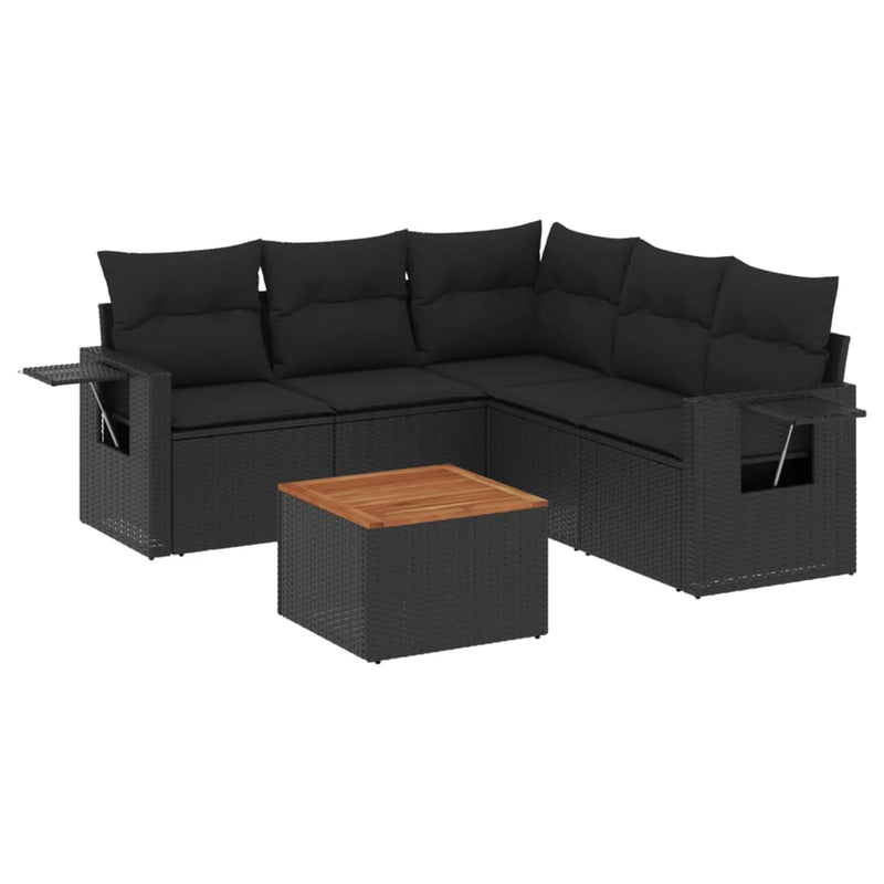 6-delige Loungeset met kussens poly rattan zwart