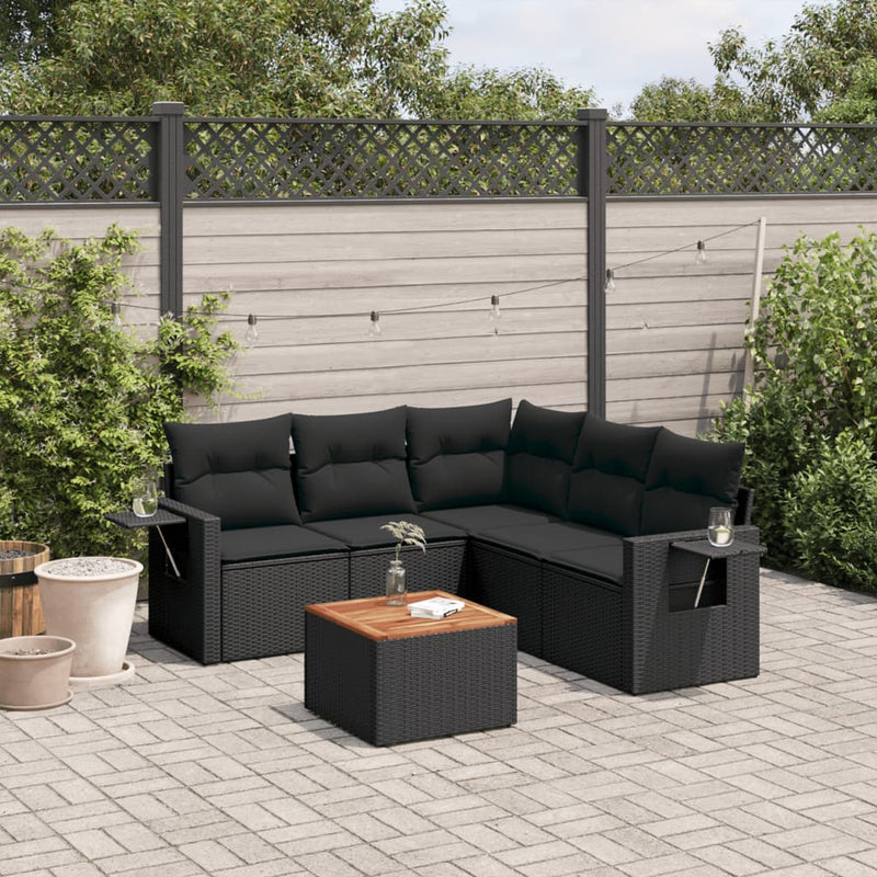 6-delige Loungeset met kussens poly rattan zwart