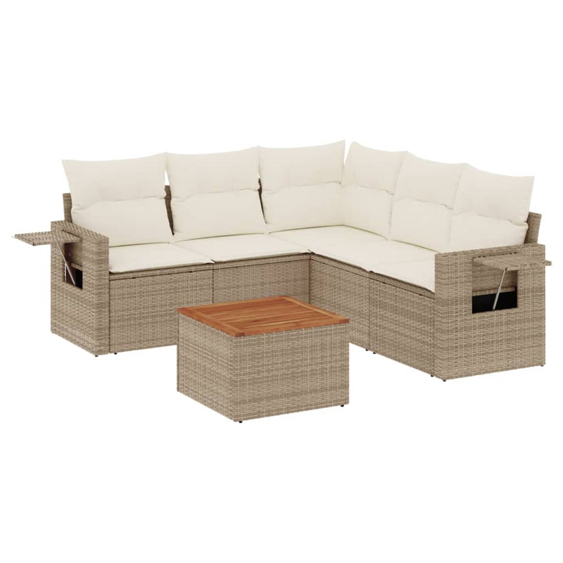 6-delige Loungeset met kussens poly rattan beige