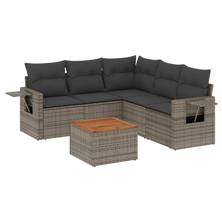 6-delige Loungeset met kussens poly rattan grijs