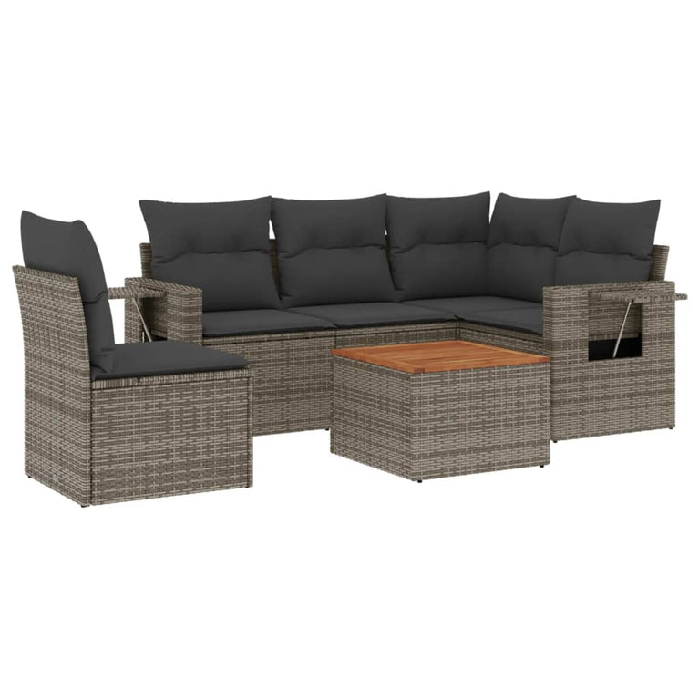 6-delige Loungeset met kussens poly rattan grijs