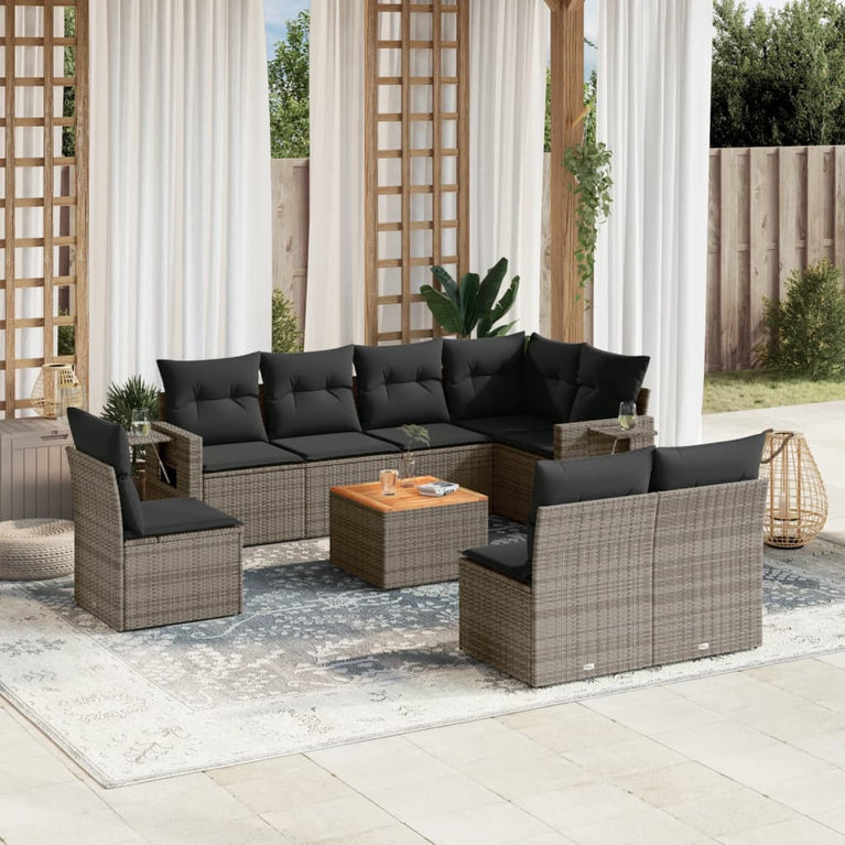 9-delige Loungeset met kussens poly rattan grijs