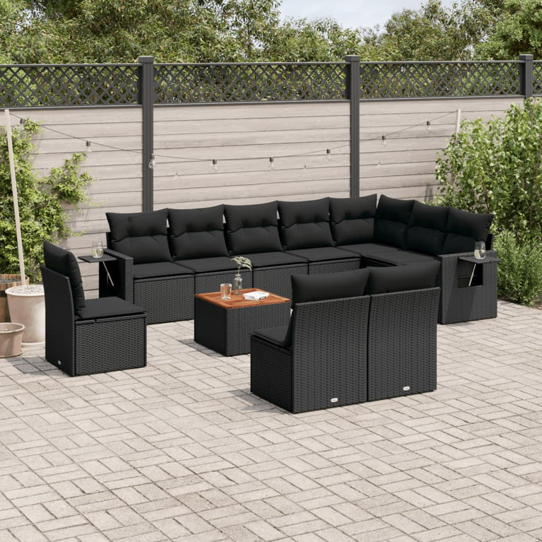 11-delige Loungeset met kussens poly rattan zwart