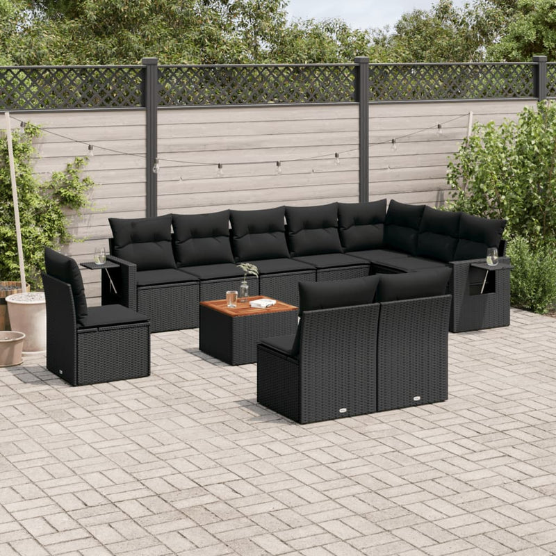 11-delige Loungeset met kussens poly rattan zwart