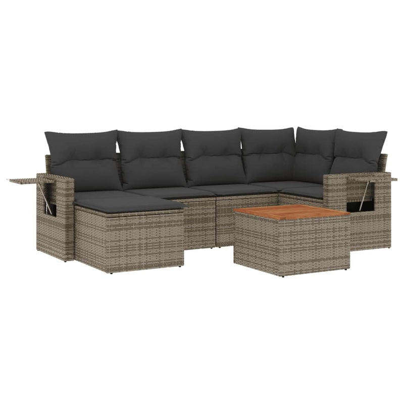 7-delige Loungeset met kussens poly rattan grijs