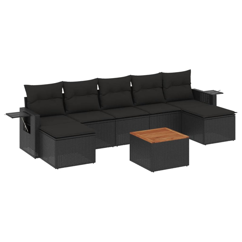 8-delige Loungeset met kussens poly rattan zwart