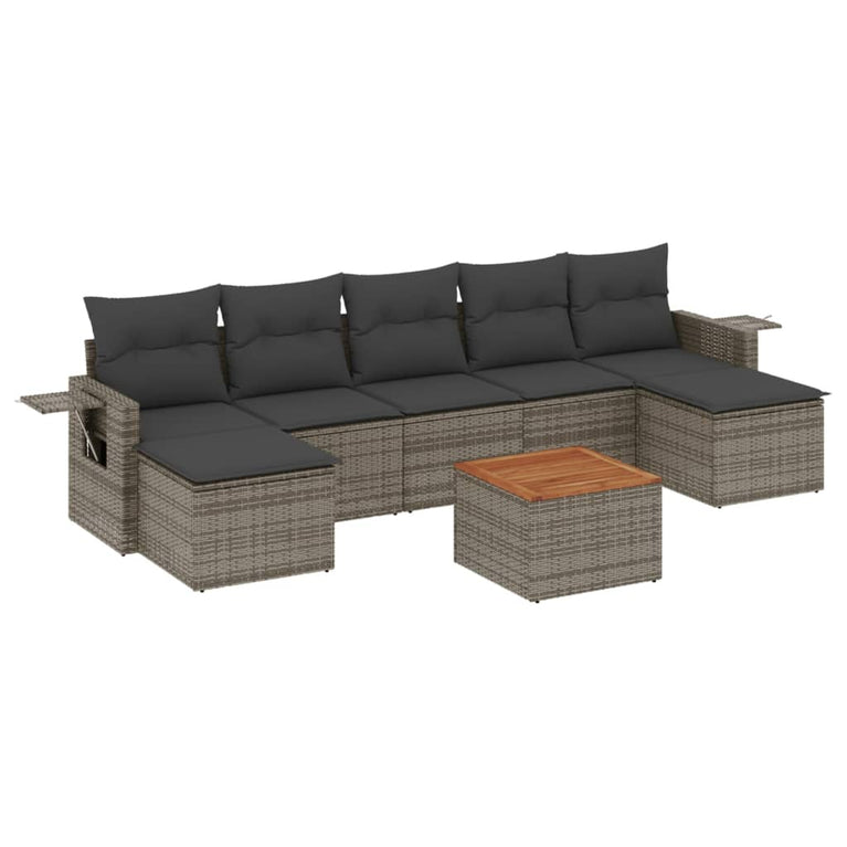 8-delige Loungeset met kussens poly rattan grijs