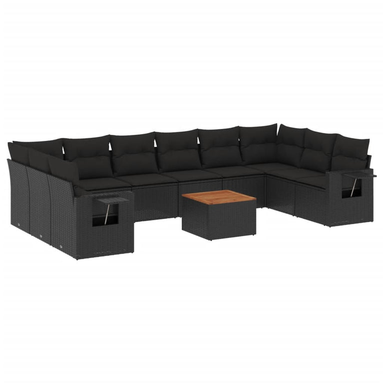 11-delige Loungeset met kussens poly rattan zwart
