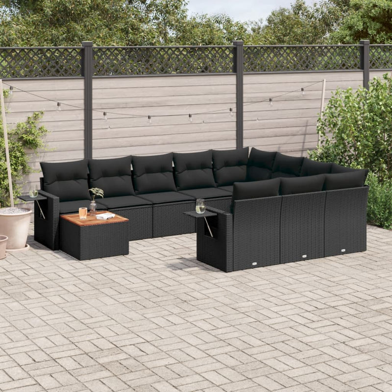 11-delige Loungeset met kussens poly rattan zwart
