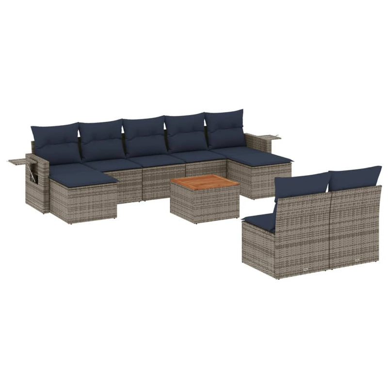 10-delige Loungeset met kussens poly rattan grijs