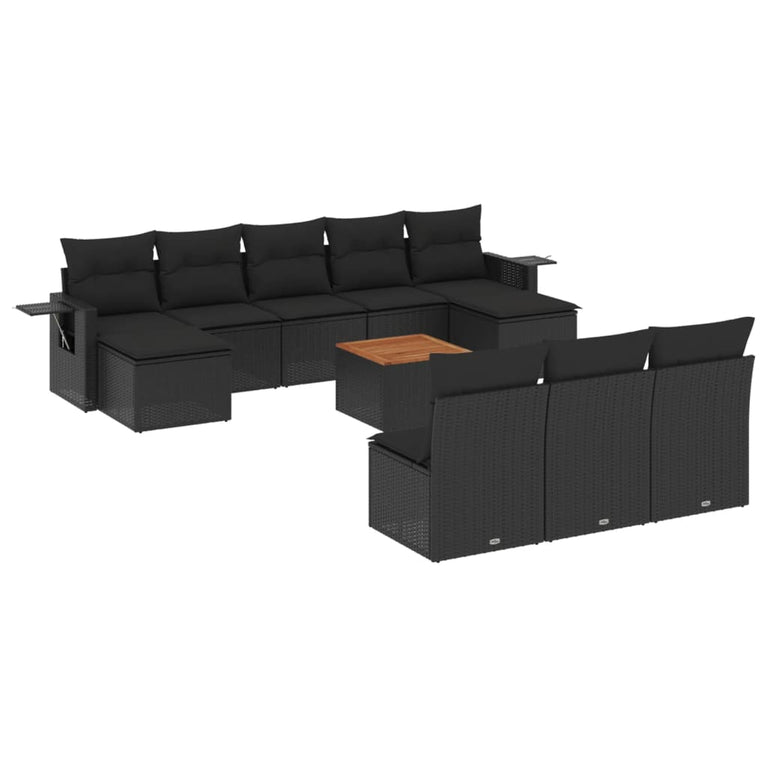 11-delige Loungeset met kussens poly rattan zwart