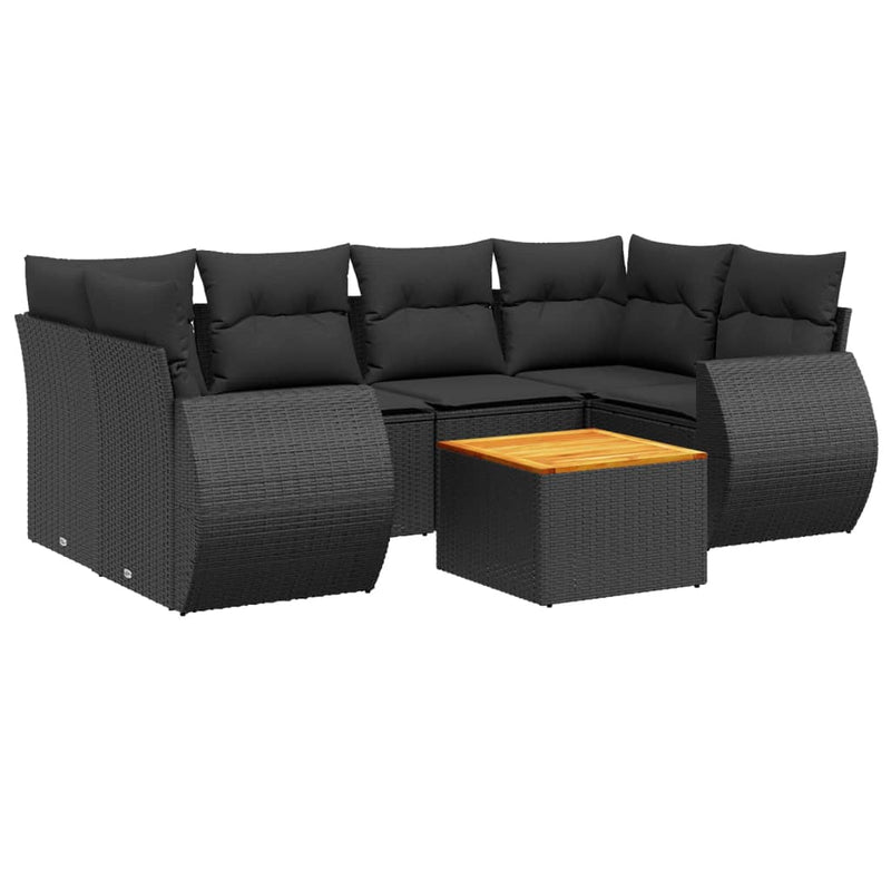 7-delige Loungeset met kussens poly rattan zwart