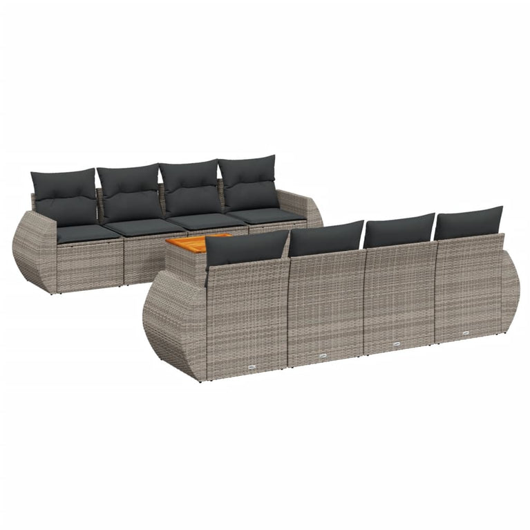 9-delige Loungeset met kussens poly rattan grijs
