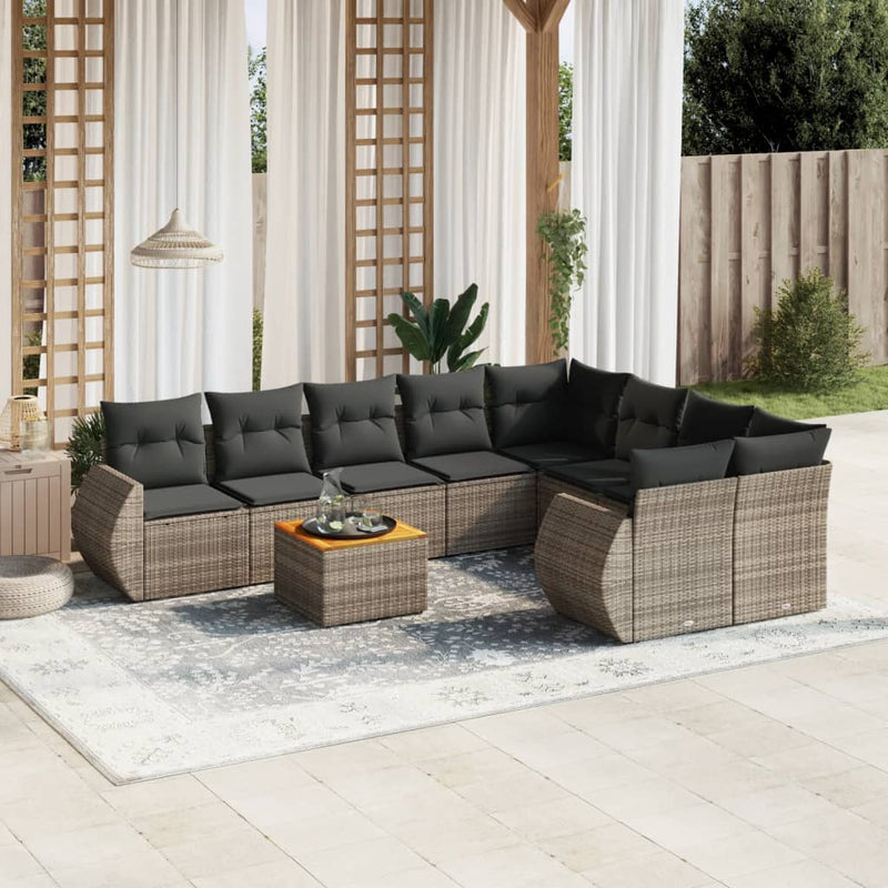 9-delige Loungeset met kussens poly rattan grijs