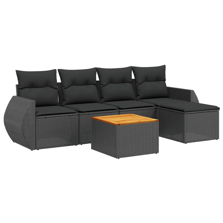6-delige Loungeset met kussens poly rattan zwart