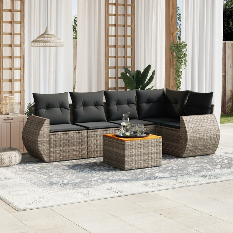 6-delige Loungeset met kussens poly rattan grijs