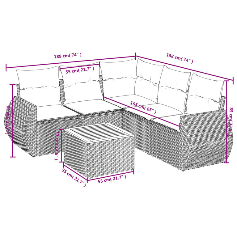 6-delige Loungeset met kussens poly rattan grijs