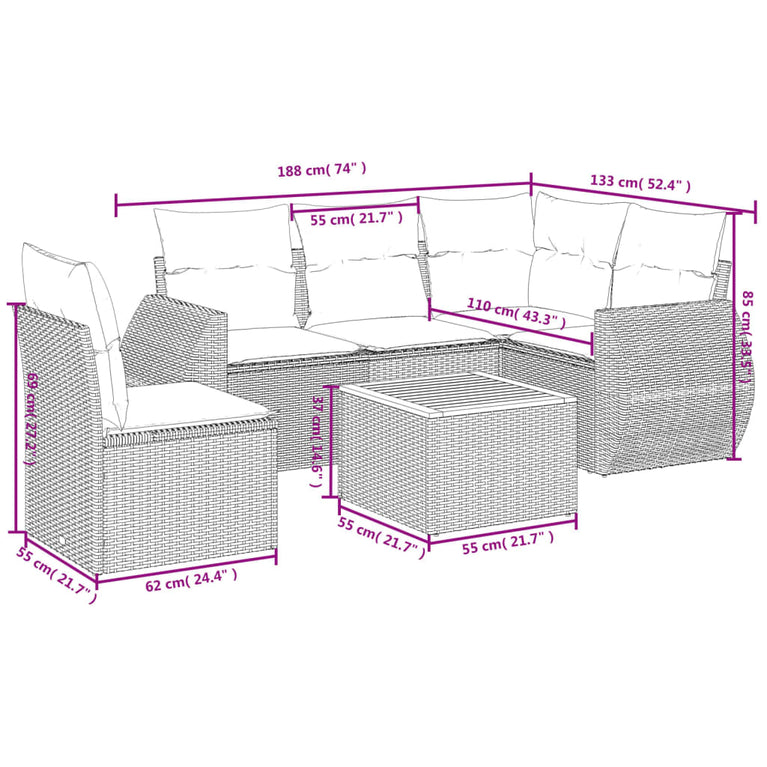 6-delige Loungeset met kussens poly rattan beige