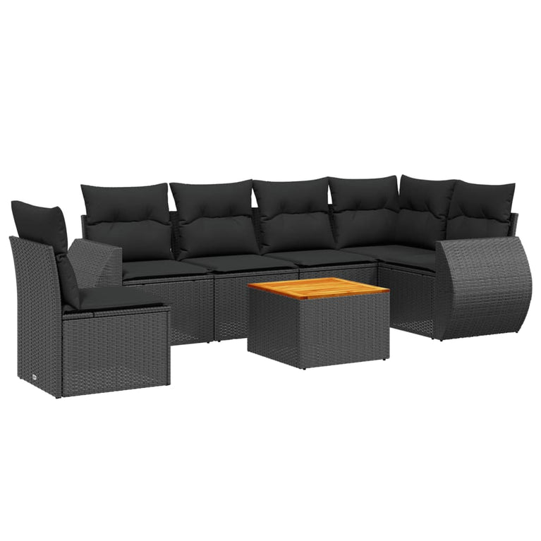 7-delige Loungeset met kussens poly rattan zwart