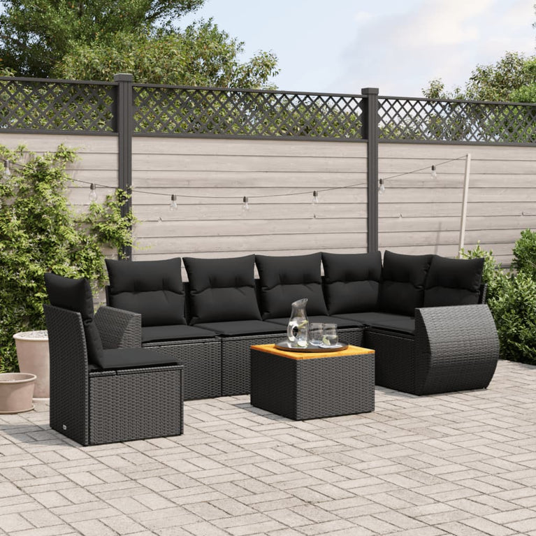 7-delige Loungeset met kussens poly rattan zwart