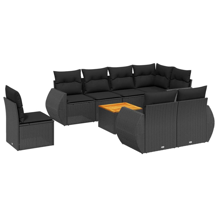 9-delige Loungeset met kussens poly rattan zwart