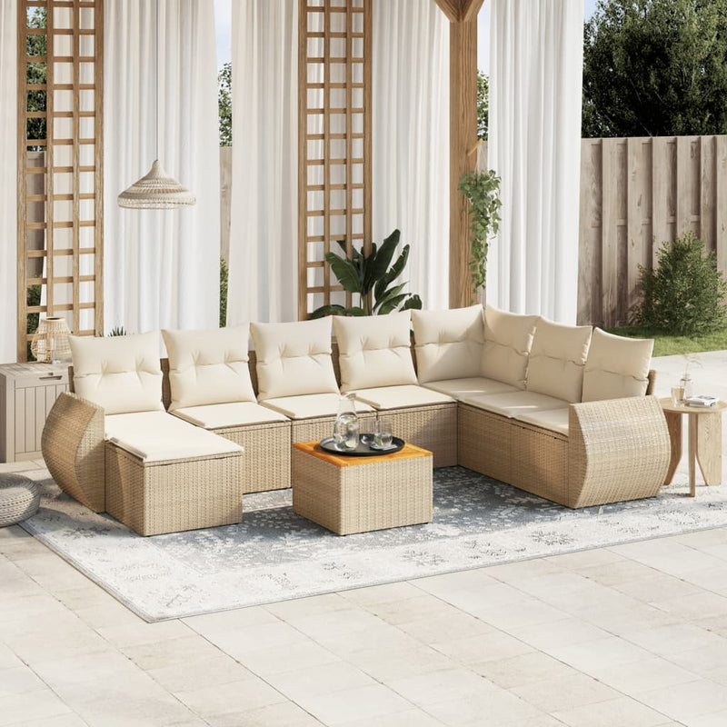 9-delige Loungeset met kussens poly rattan beige