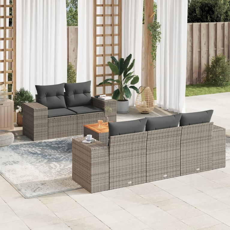 6-delige Loungeset met kussens poly rattan grijs