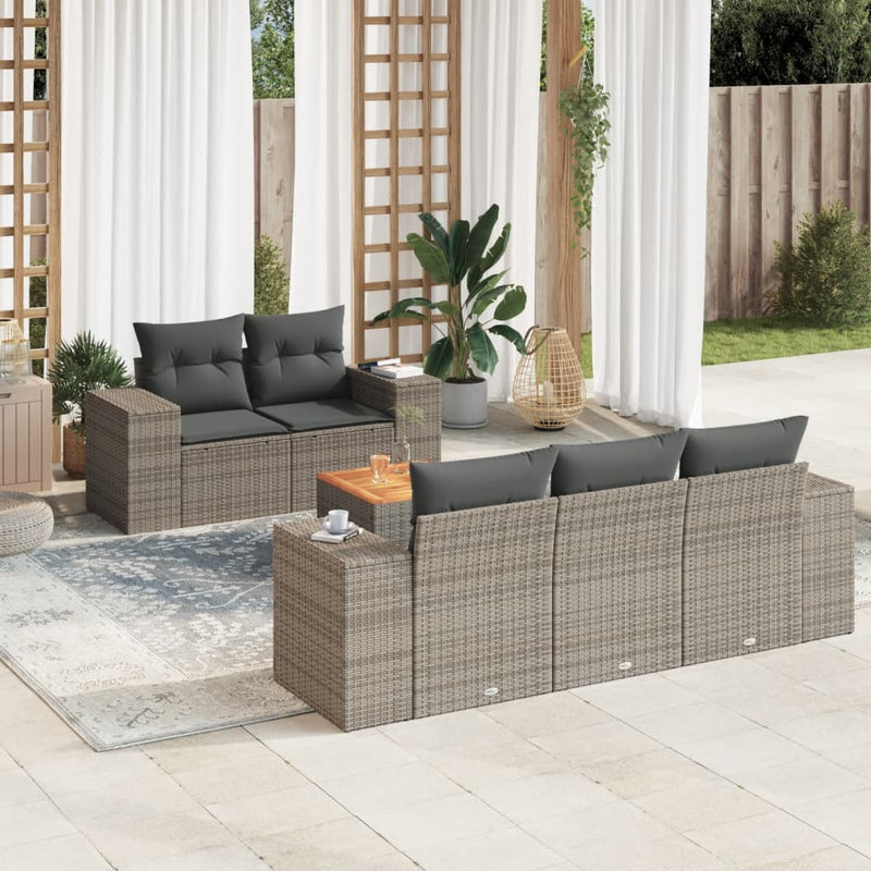 6-delige Loungeset met kussens poly rattan grijs