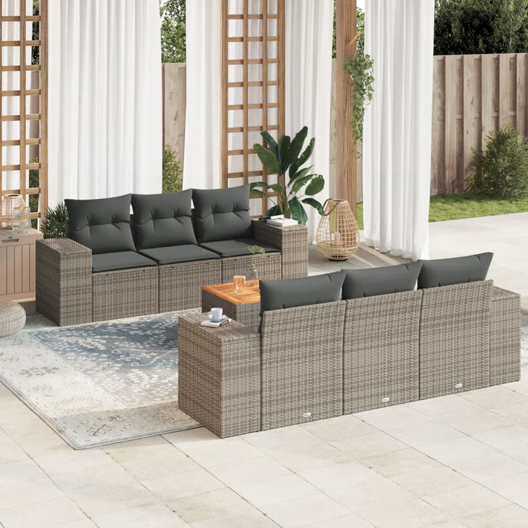 7-delige Loungeset met kussens poly rattan grijs