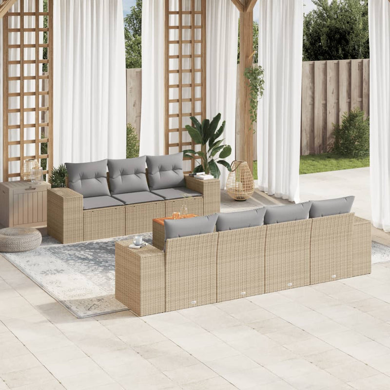 8-delige Loungeset met kussens poly rattan beige