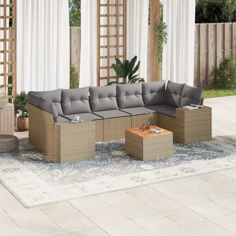8-delige Loungeset met kussens poly rattan beige