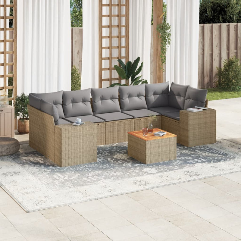 8-delige Loungeset met kussens poly rattan beige
