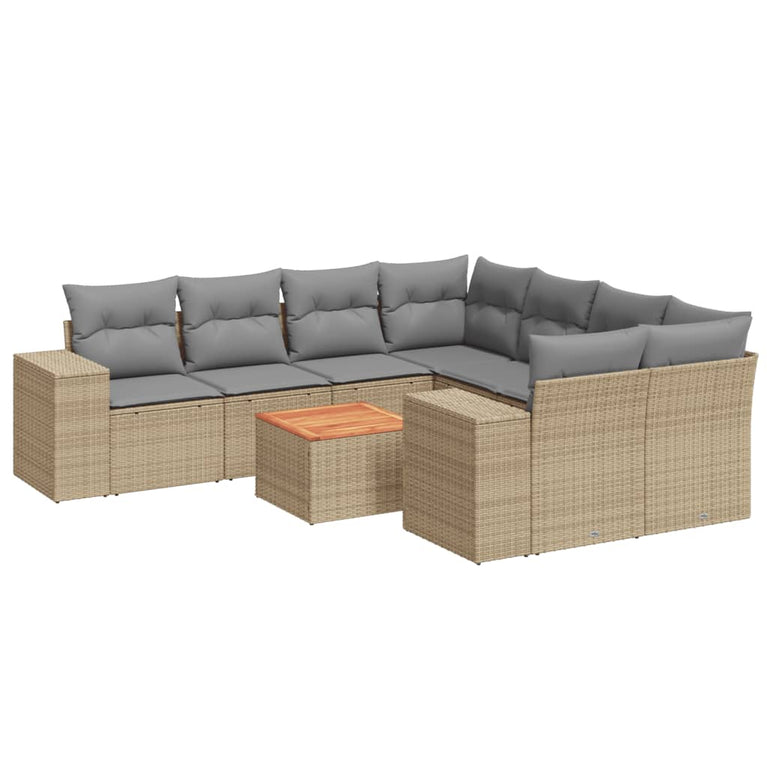 9-delige Loungeset met kussens poly rattan beige