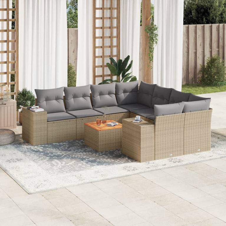 9-delige Loungeset met kussens poly rattan beige