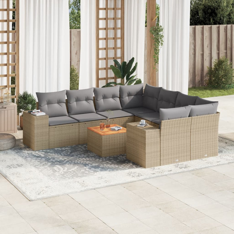 9-delige Loungeset met kussens poly rattan beige