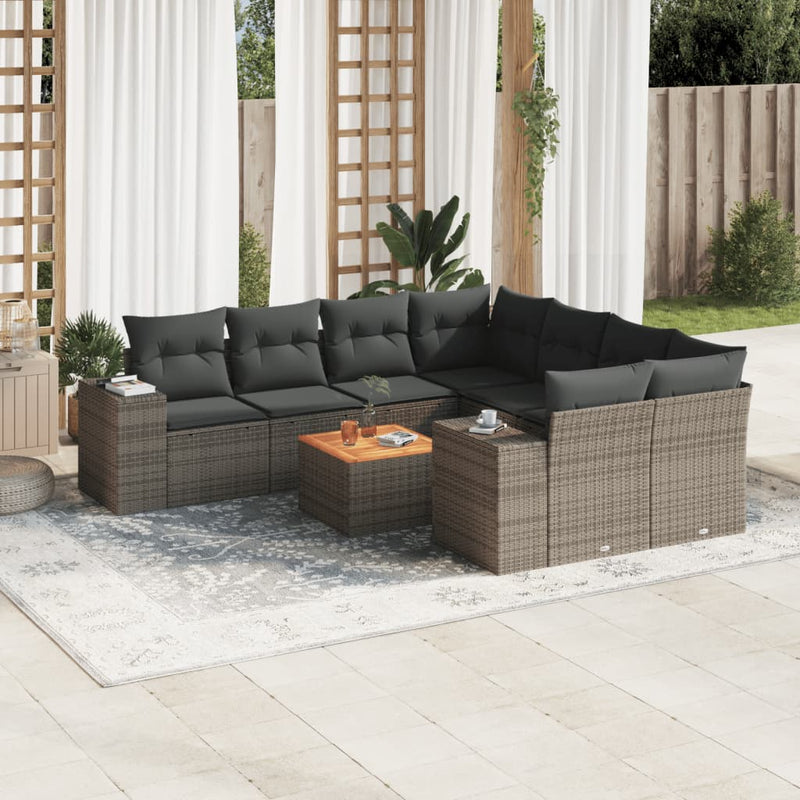 9-delige Loungeset met kussens poly rattan grijs