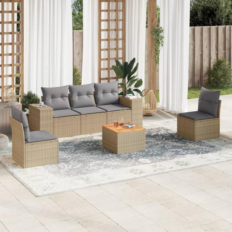6-delige Loungeset met kussens poly rattan beige