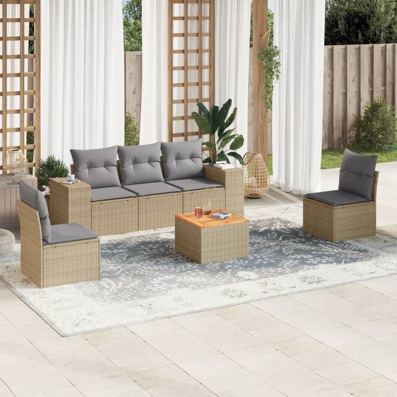 6-delige Loungeset met kussens poly rattan beige