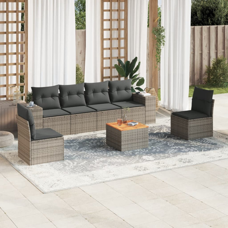 7-delige Loungeset met kussens poly rattan grijs